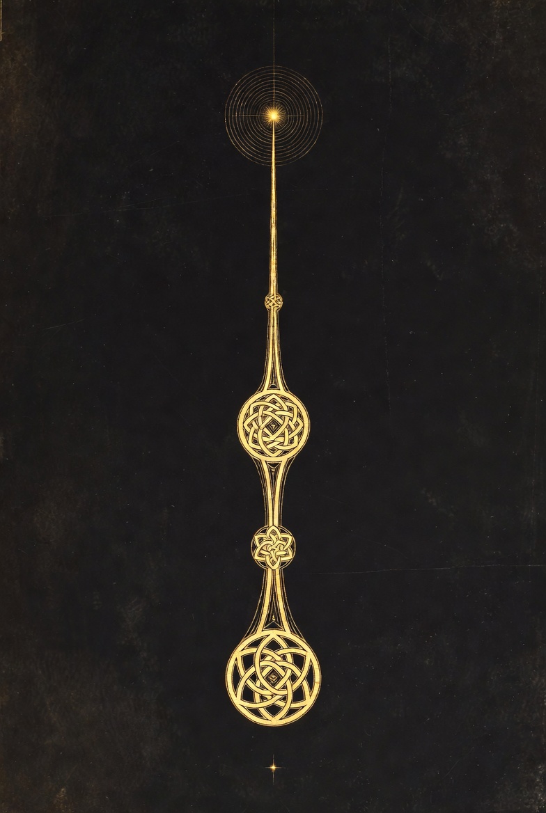 A descending column of gold knotwork on a dark ground